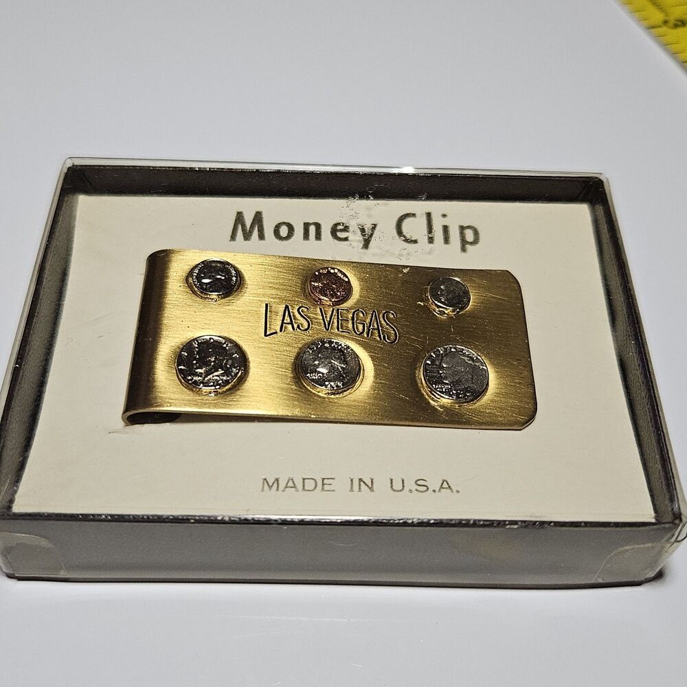 Vintage Gold Tone Las Vegas Mini Coin Money Clip IOB